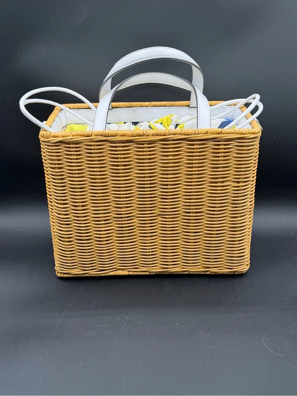 Kate Spade Wicker Basket Bag — Straw/Rattan with White Straps & Floral Lining - Picture 4 of 8